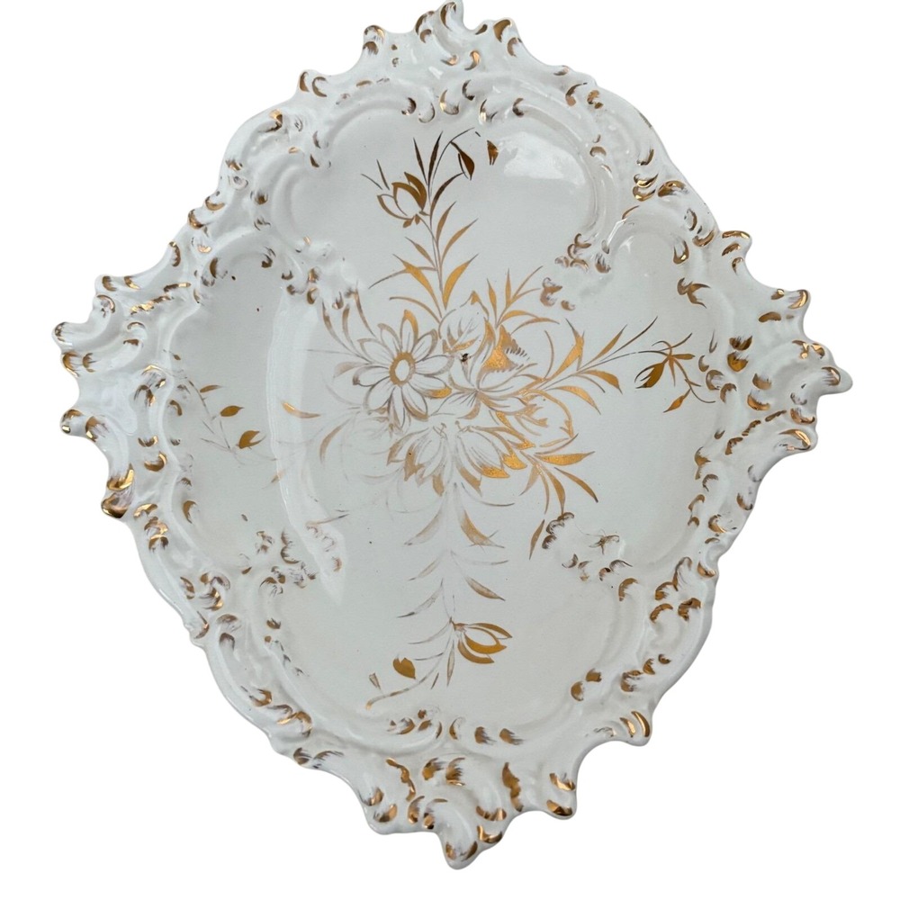 VTG Ornate Gilded Ceramic Pedestal Bowl Floral Gold Gilt‎ Scalloped Centerpiece